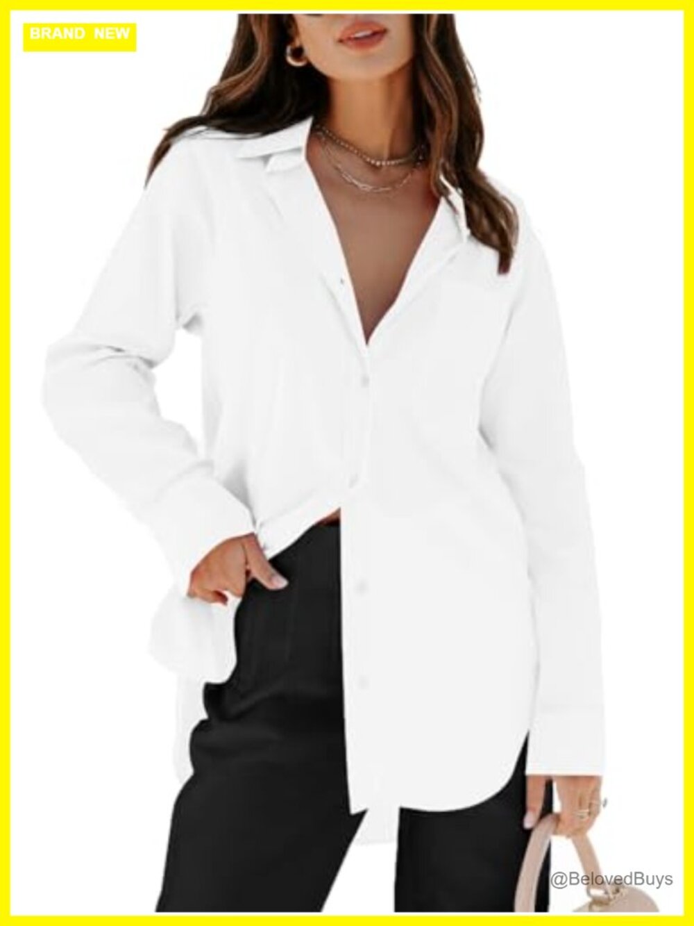 Oversized Button Down Shirt Long Sleeve Collared V Neck Blouse Wrinkle Free